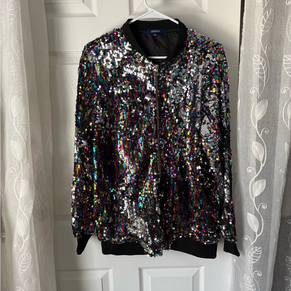 Cresay colorful Sequin Bomber Jacket Full Zip Long Sleeves women size 2XL